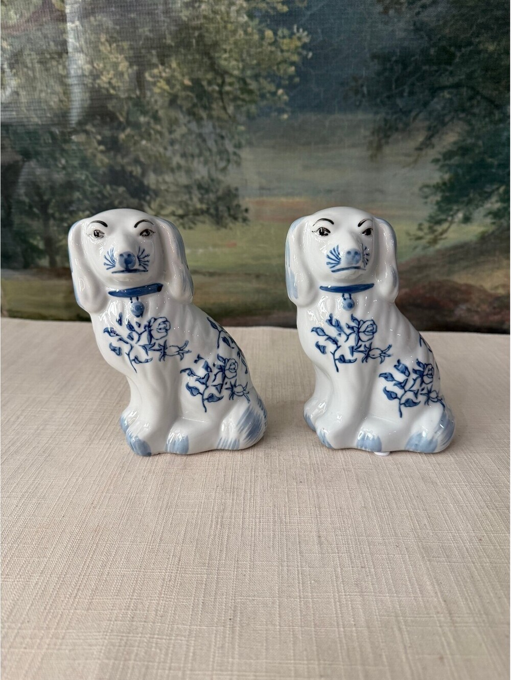 Pair of Blue and White Porcelain Staffordshire Style Dog Figurines